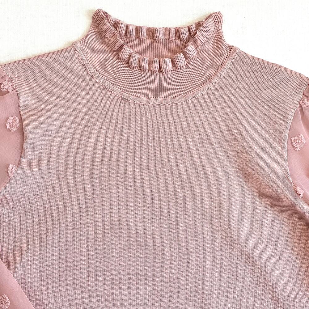 ADRIANNA PAPELL Swiss Dot Sheer Sleeve Sweater Women's Size L Dusty Pink - Picture 5 of 12